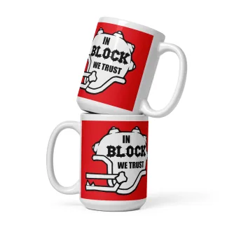 In Block We Trust Ceramic Mug Power Up Your Morning with Strength and Strategy blood bowl merch coach