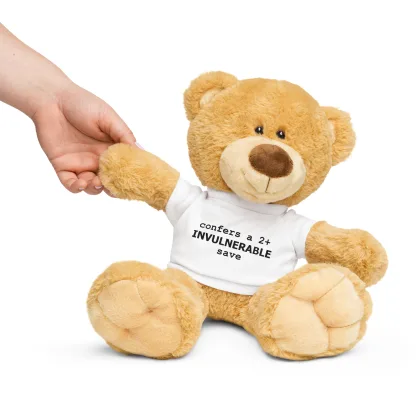 Teddy Bear with "Confers a 2+ Invulnerable Save" T-Shirt – The Ultimate Guardian for Warhammer 40K Fans space marine plushie